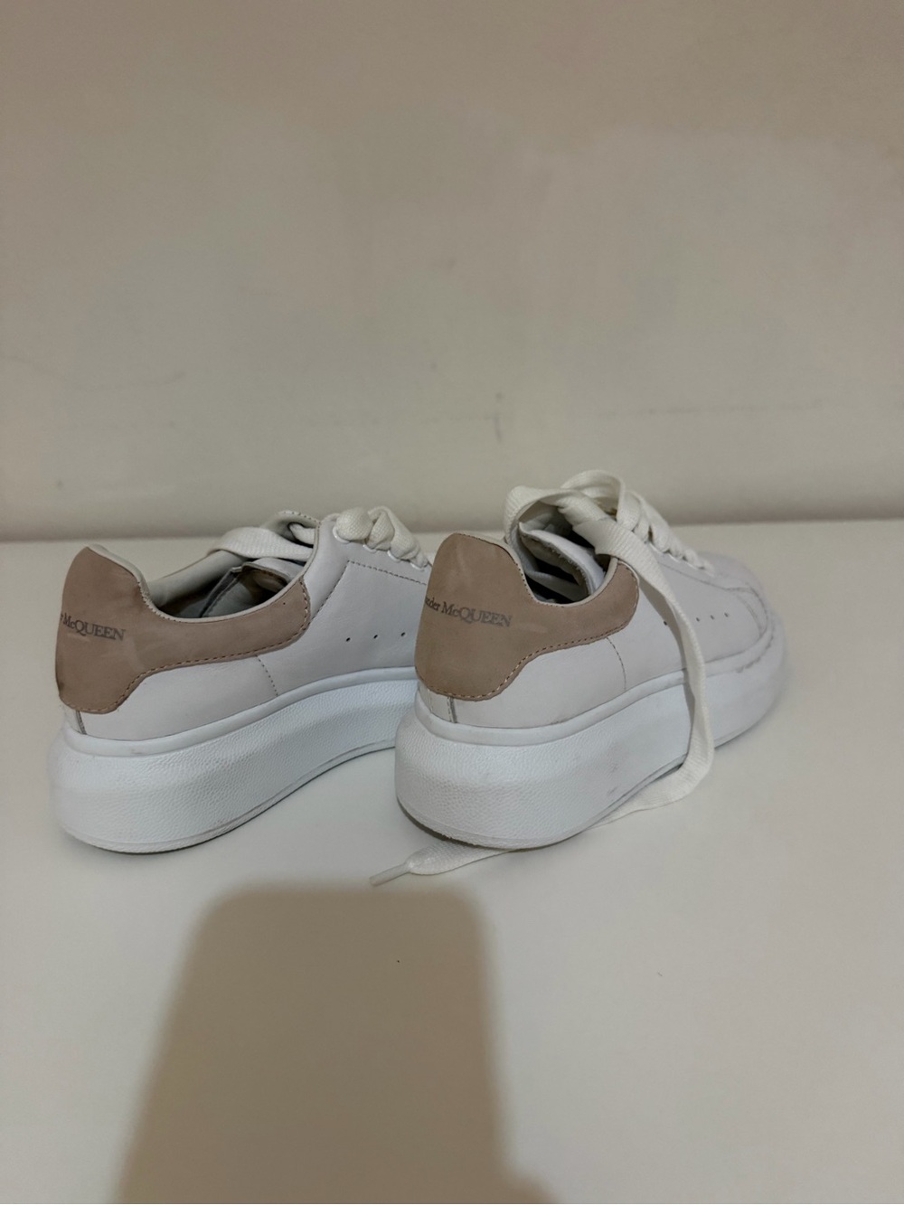 Alexander McQueen White Leather Platform Sneakers with Beige Heel